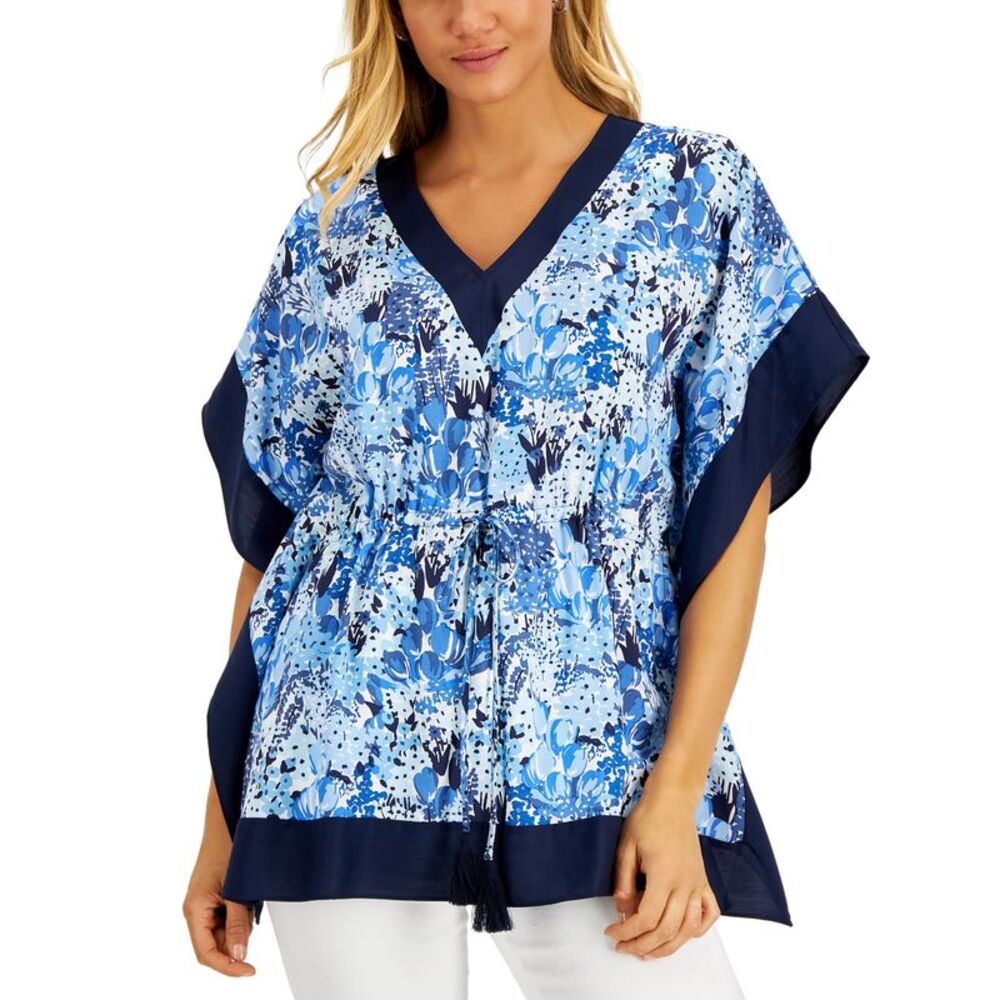 Charter Club Womens Cinch Waist Printed Poncho Top